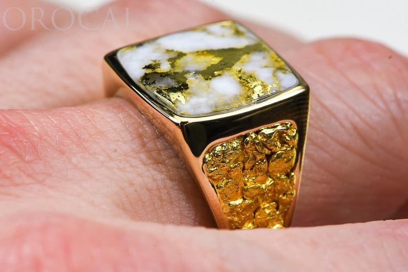 Men's Gold quartz signet style ring with gold nuggets on the side. 