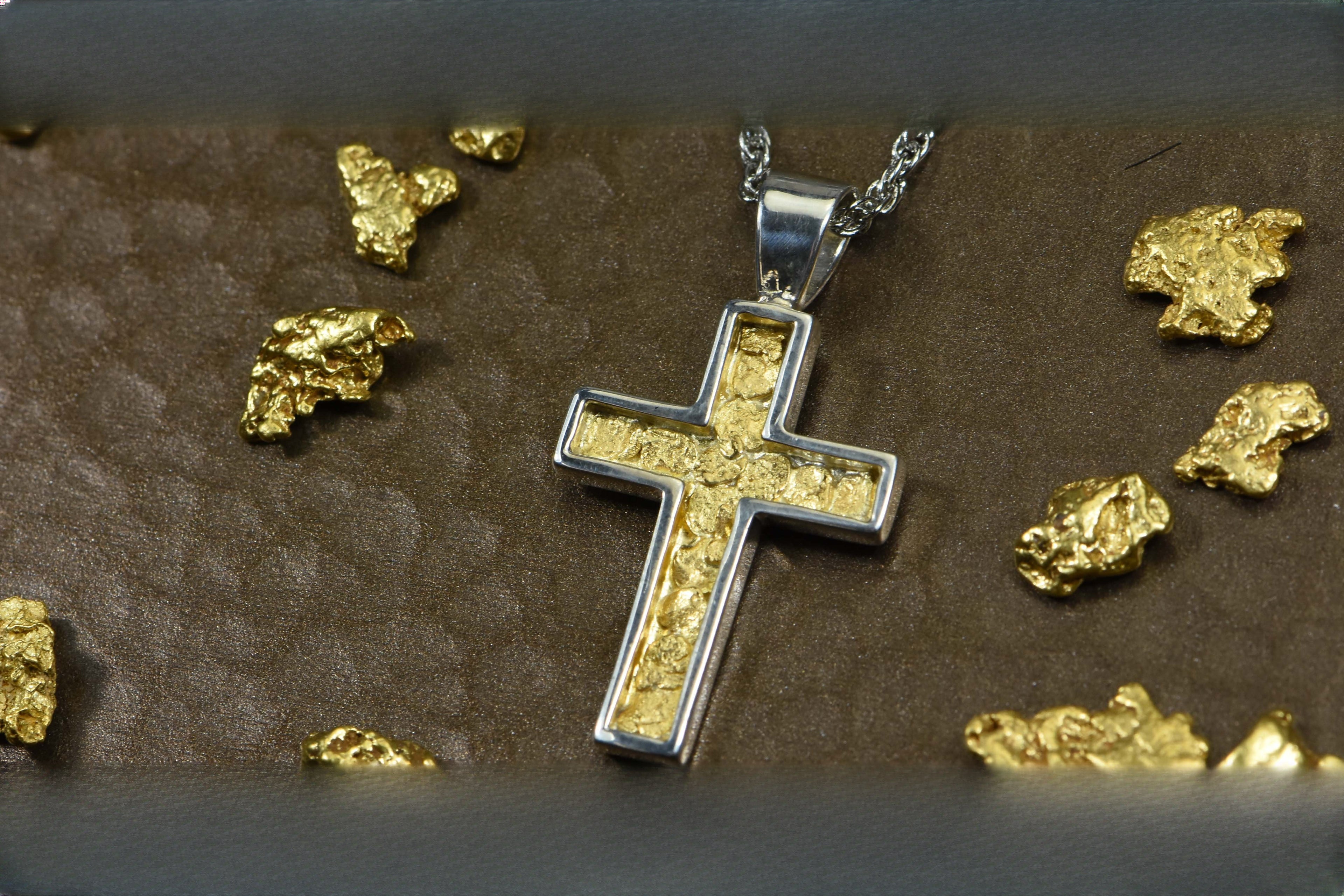 Gold Nugget Cross - Sterling Silver - PCR21NSS - Hand Made "Orocal" Jewelry