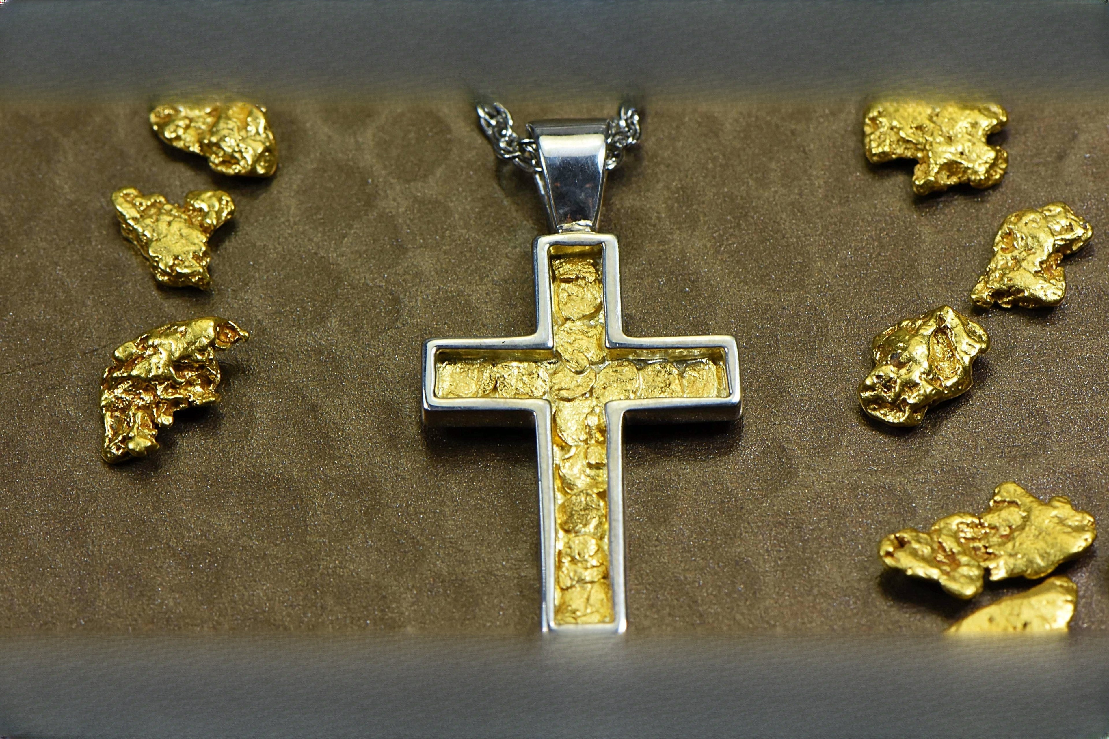 Gold Nugget Cross - Sterling Silver - PCR21NSS - Hand Made "Orocal" Jewelry