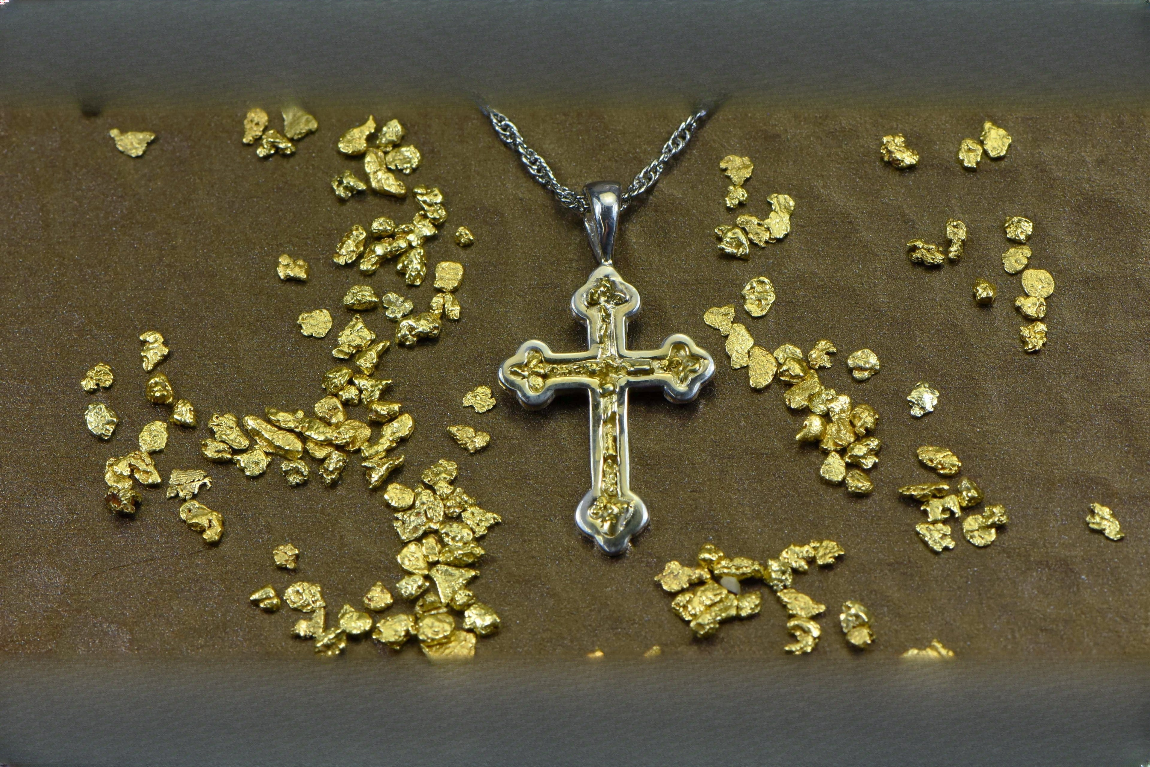 Gold Nugget Cross - Sterling Silver - PCR7NSS - Hand Made "Orocal" Jewelry