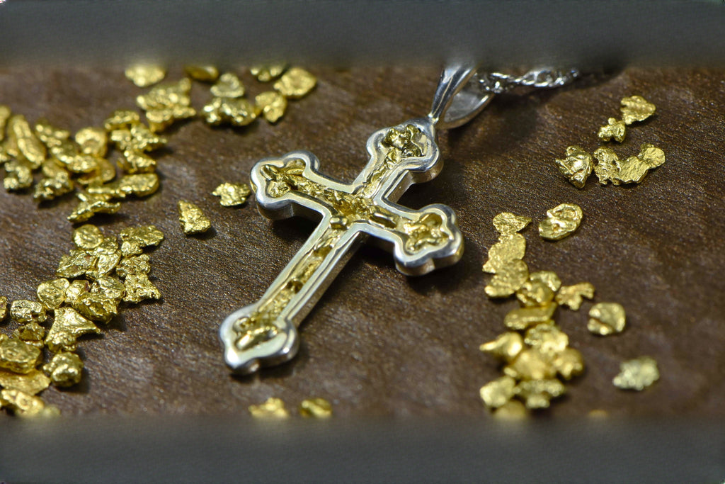 Gold Nugget Cross - Sterling Silver - PCR7NSS - Hand Made "Orocal" Jewelry