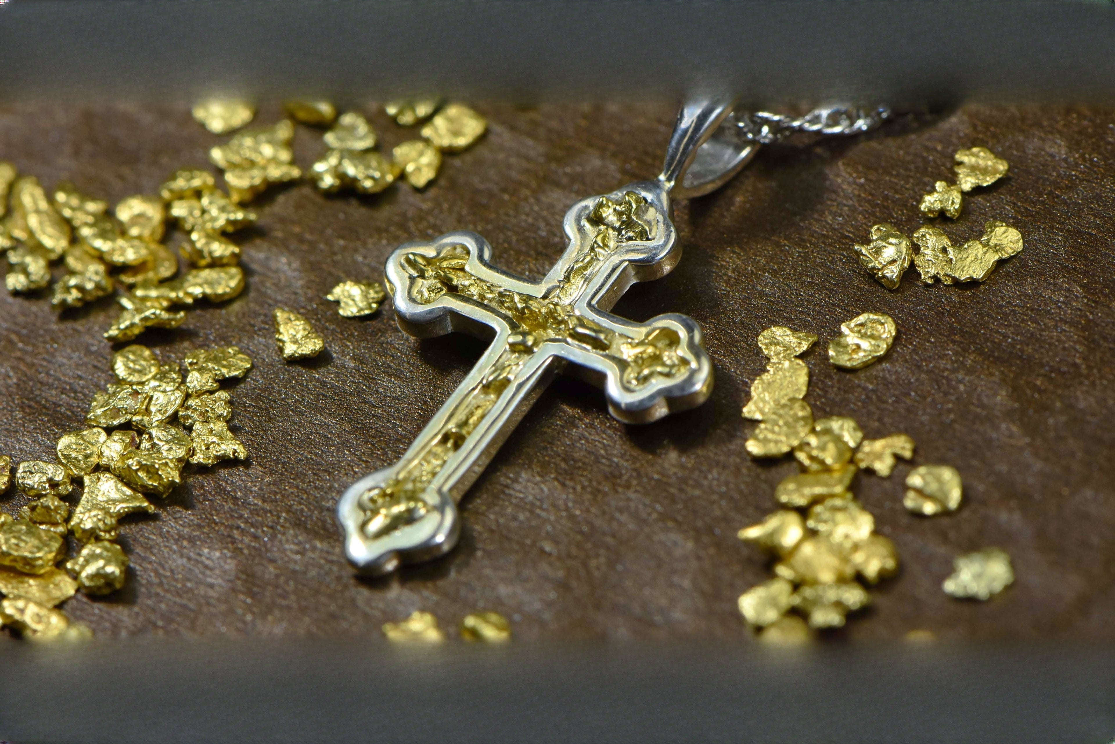 Gold Nugget Cross - Sterling Silver - PCR7NSS - Hand Made "Orocal" Jewelry