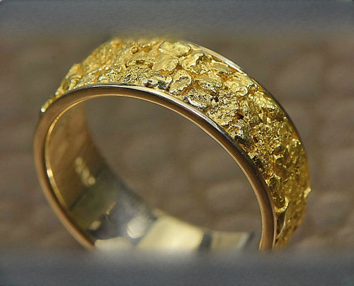 Men's Gold Nugget Ring "Orocal" RM8MM Genuine Hand Crafted Jewelry - 14K Casting