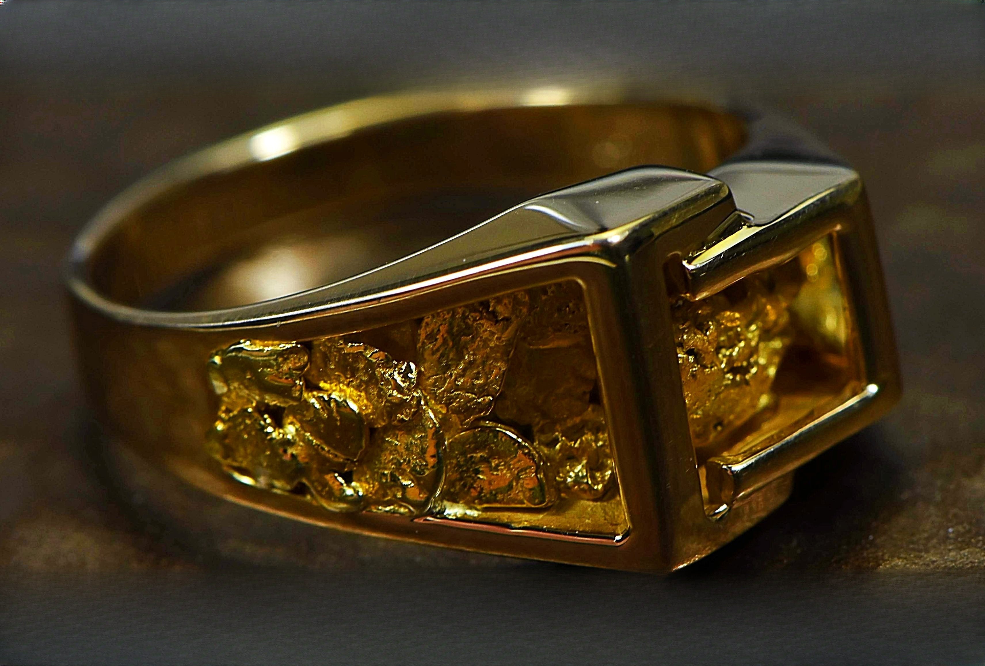 Gold Nugget Men's Ring "Orocal" RM164 Genuine Hand Crafted Jewelry - 14K Casting