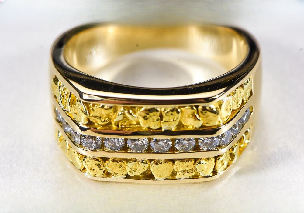 Gold Nugget Men's Ring "Orocal" RM1105DN Genuine Hand Crafted Jewelry - 14K Casting