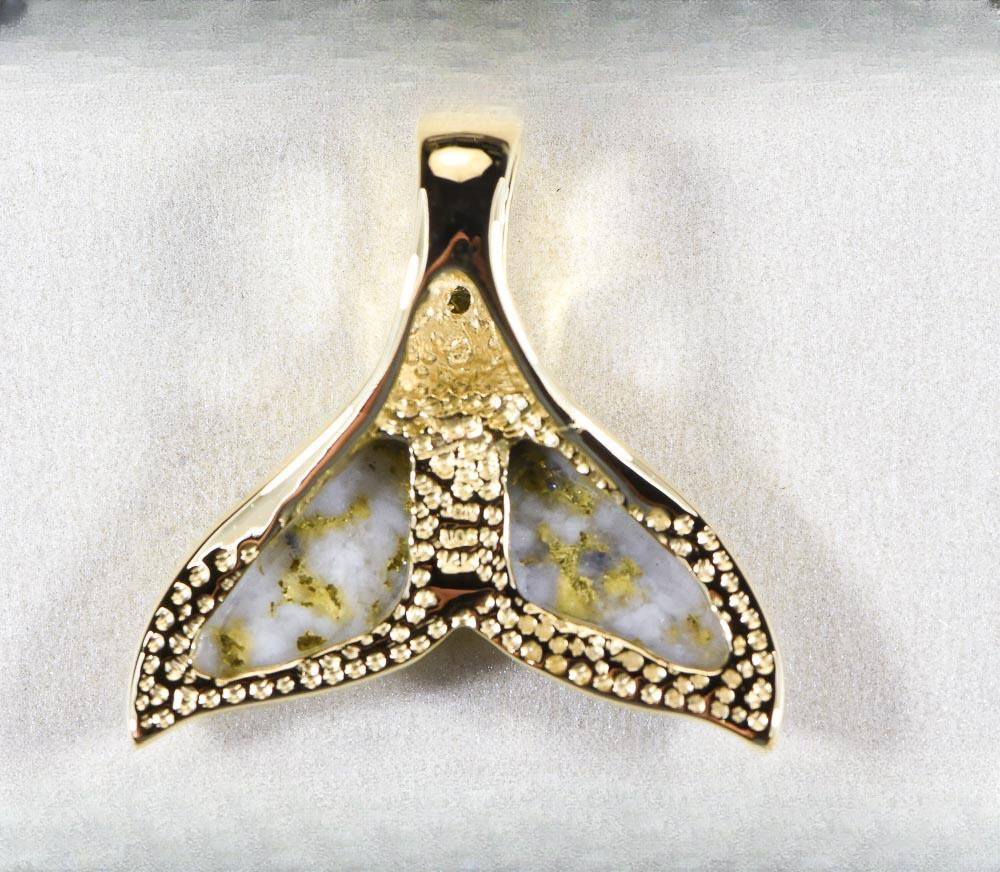Gold Quartz Pendant Whales Tail "Orocal" PDLWT16HDQ Genuine Hand Crafted Jewelry - 14K Gold Yellow Gold Casting
