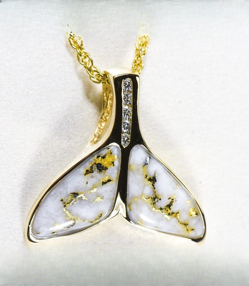 Gold Quartz Pendant Whales Tail "Orocal" PDLWT16HDQ Genuine Hand Crafted Jewelry - 14K Gold Yellow Gold Casting