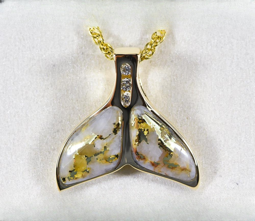 Gold Quartz Pendant Whales Tail "Orocal" PDLWT16SHDQ Genuine Hand Crafted Jewelry - 14K Gold Yellow Gold Casting