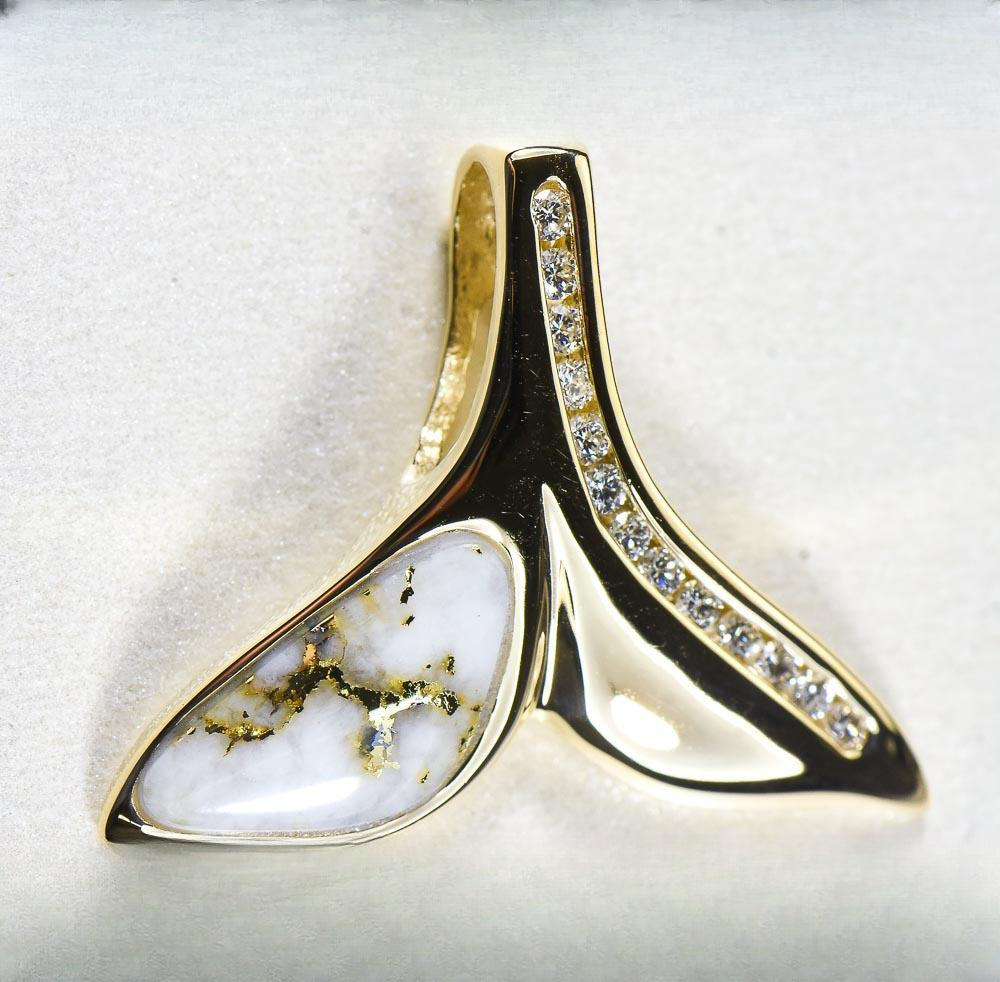 Gold Quartz Pendant Whales Tail "Orocal" PDLWT17HDQ Genuine Hand Crafted Jewelry - 14K Gold Yellow Gold Casting