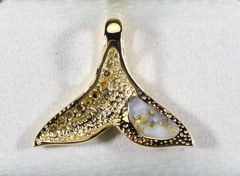 Gold Quartz Pendant Whales Tail "Orocal" PDLWT17HDQ Genuine Hand Crafted Jewelry - 14K Gold Yellow Gold Casting