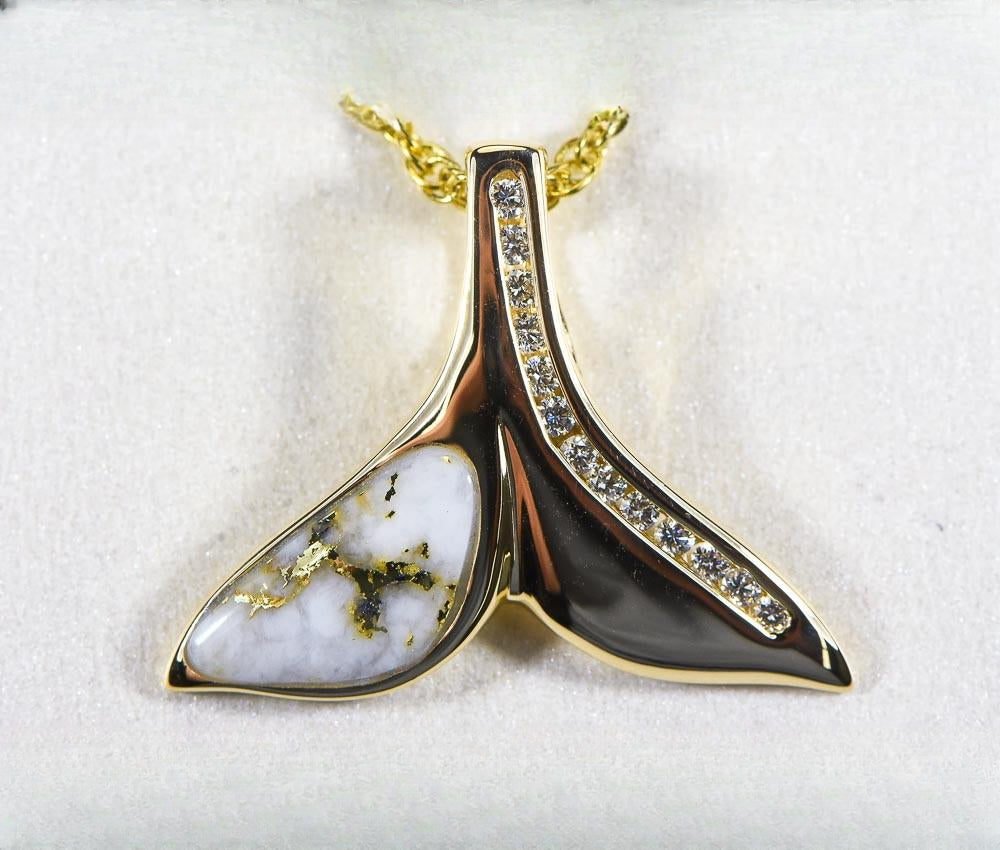 Gold Quartz Pendant Whales Tail "Orocal" PDLWT17HDQ Genuine Hand Crafted Jewelry - 14K Gold Yellow Gold Casting
