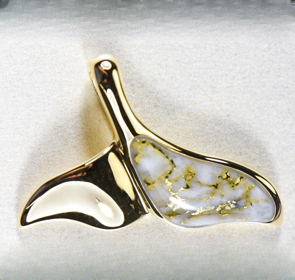 Gold Quartz Pendant Whales Tail "Orocal" PWT37QX Genuine Hand Crafted Jewelry - 14K Gold Yellow Gold Casting