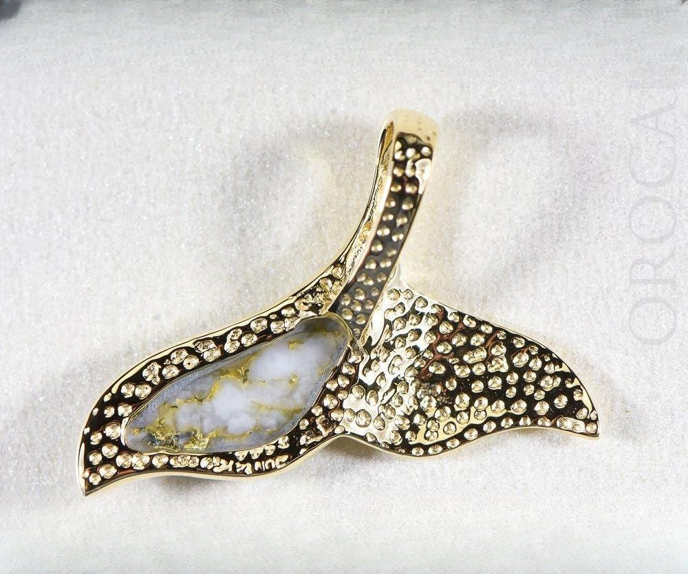 Gold Quartz Pendant Whales Tail "Orocal" PWT37QX Genuine Hand Crafted Jewelry - 14K Gold Yellow Gold Casting
