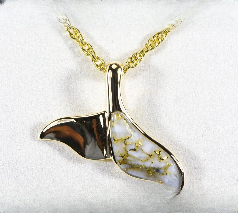 Gold Quartz Pendant Whales Tail "Orocal" PWT37QX Genuine Hand Crafted Jewelry - 14K Gold Yellow Gold Casting
