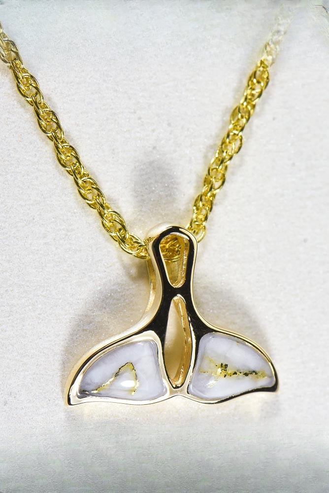 Gold Quartz Pendant Whales Tail "Orocal" PWT24HQ Genuine Hand Crafted Jewelry - 14K Gold Yellow Gold Casting