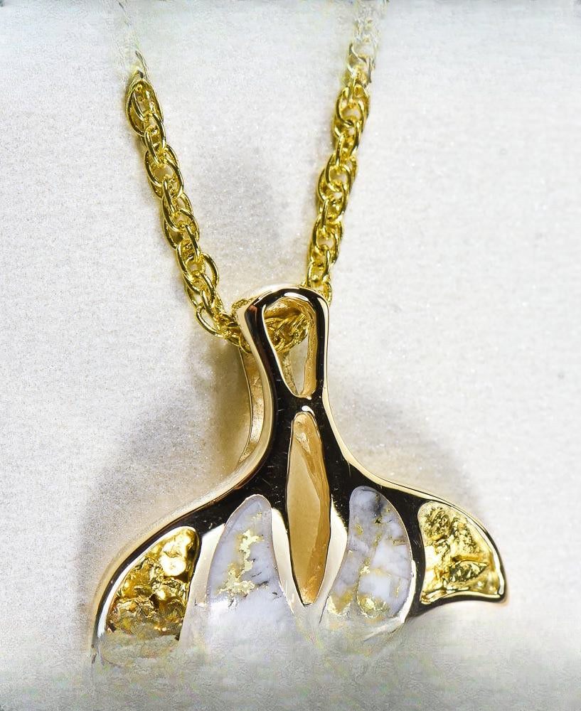 Gold Quartz Pendant Whales Tail "Orocal" PWT25NQX Genuine Hand Crafted Jewelry - 14K Gold Yellow Gold Casting