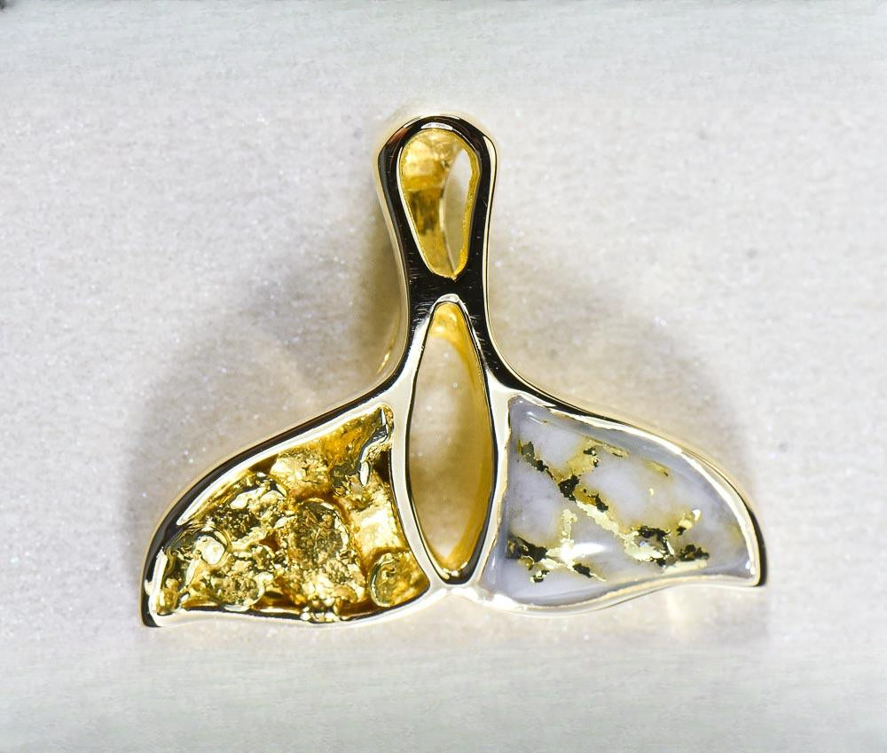 Gold Quartz Pendant Whales Tail "Orocal" PWT26NQX Genuine Hand Crafted Jewelry - 14K Gold Yellow Gold Casting