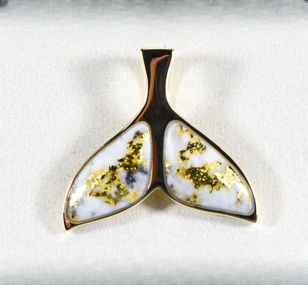 Gold Quartz Pendant Whales Tail "Orocal" PWT35HQX Genuine Hand Crafted Jewelry - 14K Gold Yellow Gold Casting