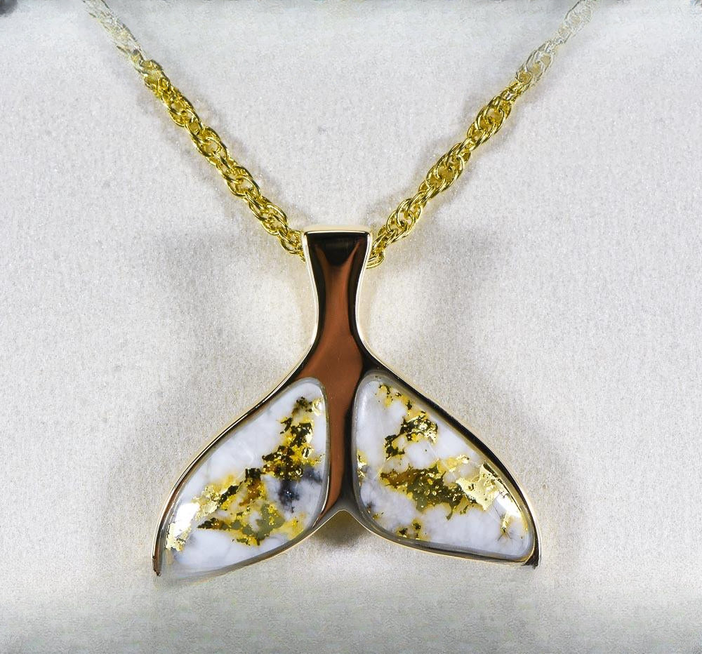 Gold Quartz Pendant Whales Tail "Orocal" PWT35HQX Genuine Hand Crafted Jewelry - 14K Gold Yellow Gold Casting