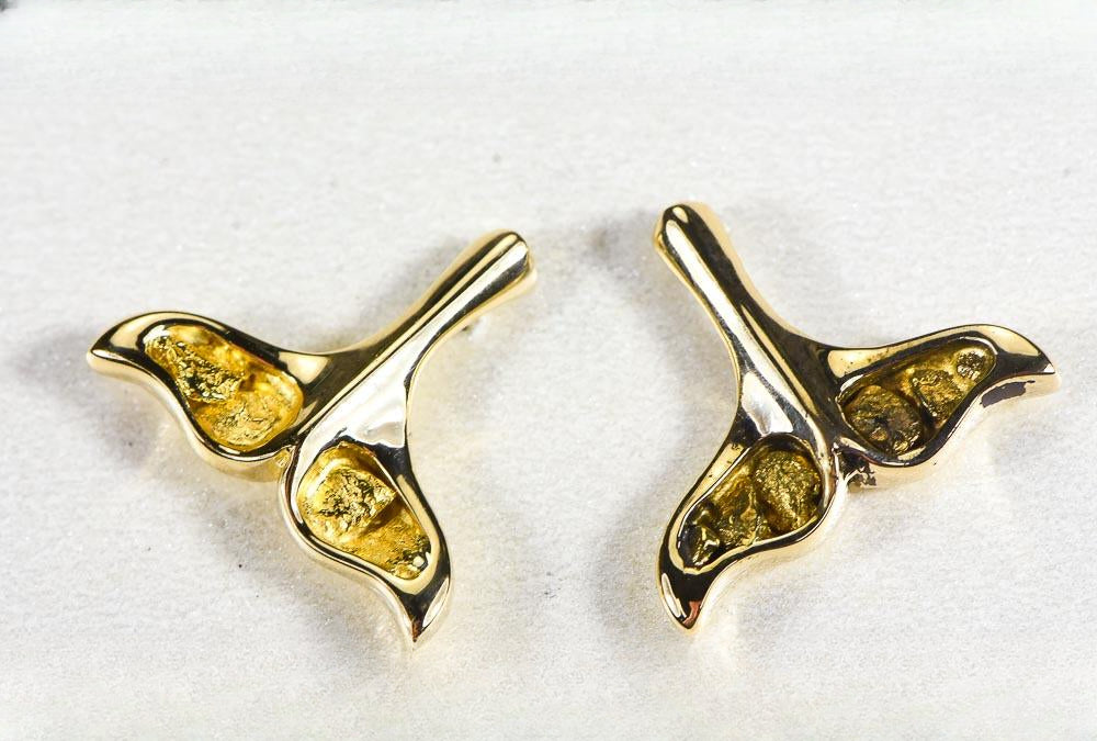 Gold Nugget Whale Tail Earrings "Orocal" EDLWT8SOL Genuine Hand Crafted Jewelry - 14K Gold Casting