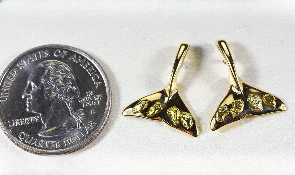 Gold Nugget Whale Tail Earrings "Orocal" EWT101 Genuine Hand Crafted Jewelry - 14K Gold Casting