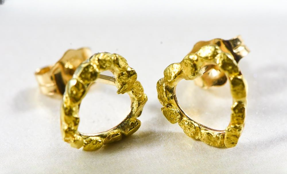 Gold Nugget Earrings "Orocal" EHE360 Genuine Hand Crafted Jewelry - 14K Gold Casting