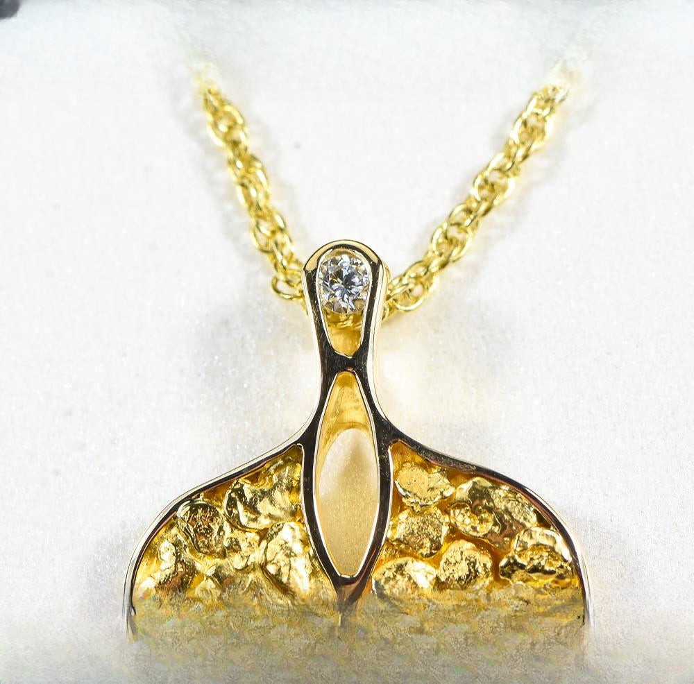 Gold Nugget Pendant Whales Tail "Orocal" PWT26DNX Genuine Hand Crafted Jewelry - 14K Gold Yellow Gold Casting