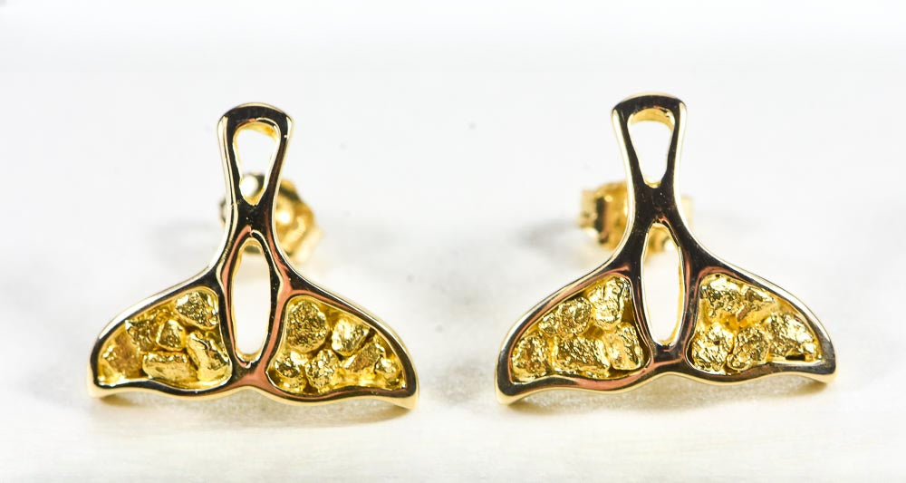 Gold Nugget Whale Tail Earrings "Orocal" EWT22N Genuine Hand Crafted Jewelry - 14K Gold Casting