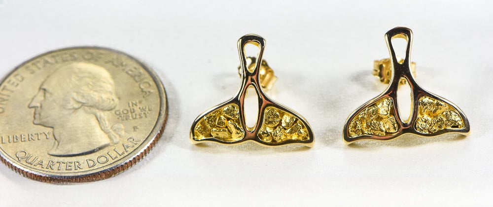 Gold Nugget Whale Tail Earrings "Orocal" EWT22N Genuine Hand Crafted Jewelry - 14K Gold Casting