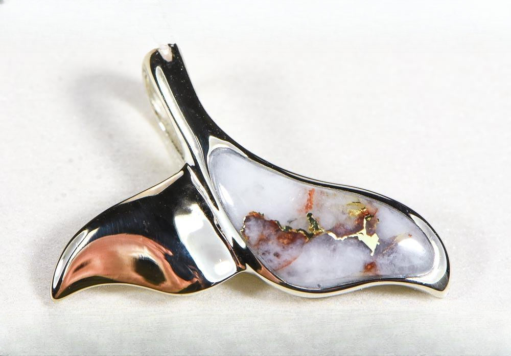 Gold Quartz Pendant Whales Tail "Orocal" PWT37QW Genuine Hand Crafted Jewelry - 14KW Gold White Gold Casting