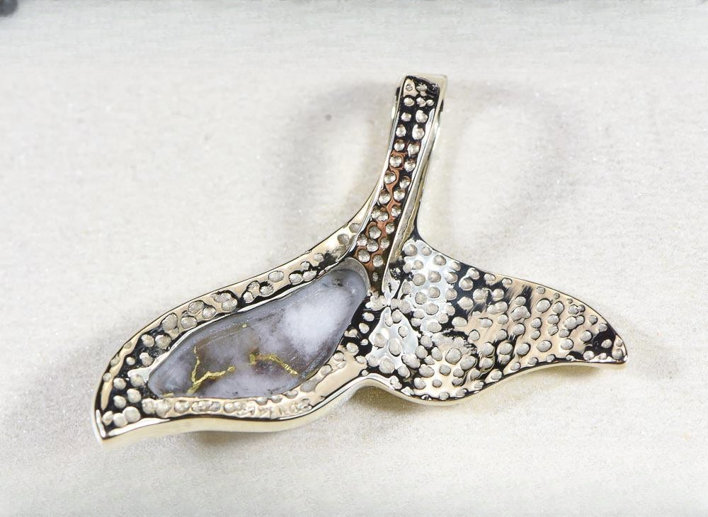 Gold Quartz Pendant Whales Tail "Orocal" PWT37QW Genuine Hand Crafted Jewelry - 14KW Gold White Gold Casting