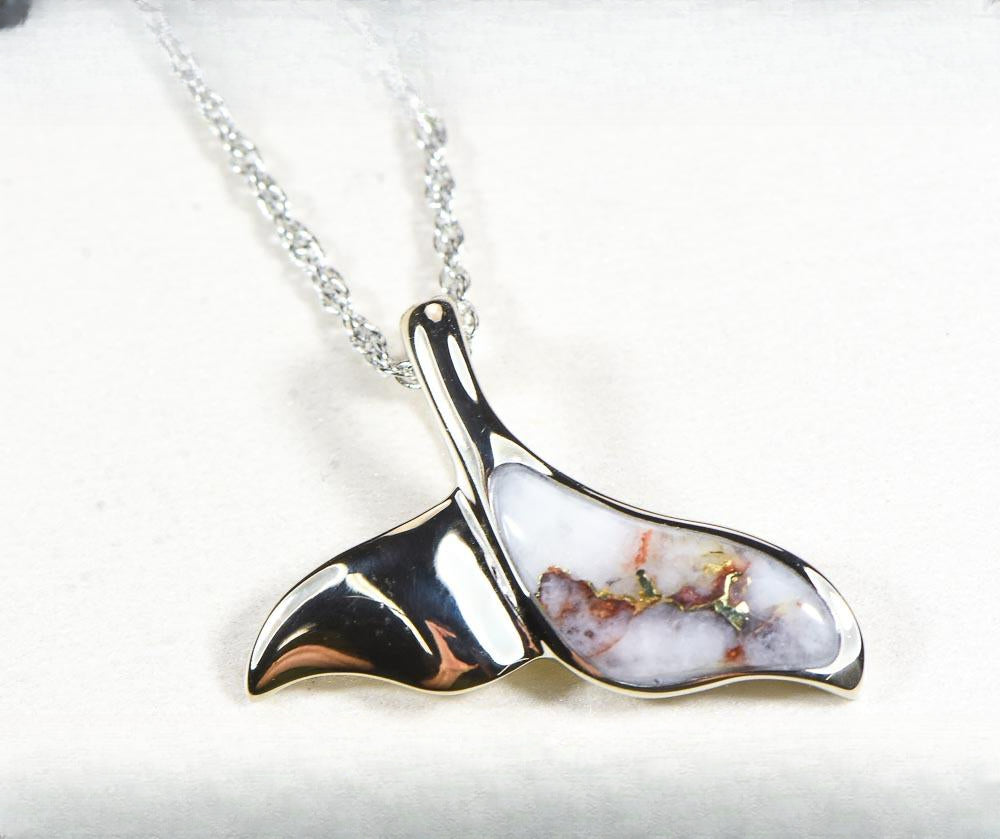 Gold Quartz Pendant Whales Tail "Orocal" PWT37QW Genuine Hand Crafted Jewelry - 14KW Gold White Gold Casting