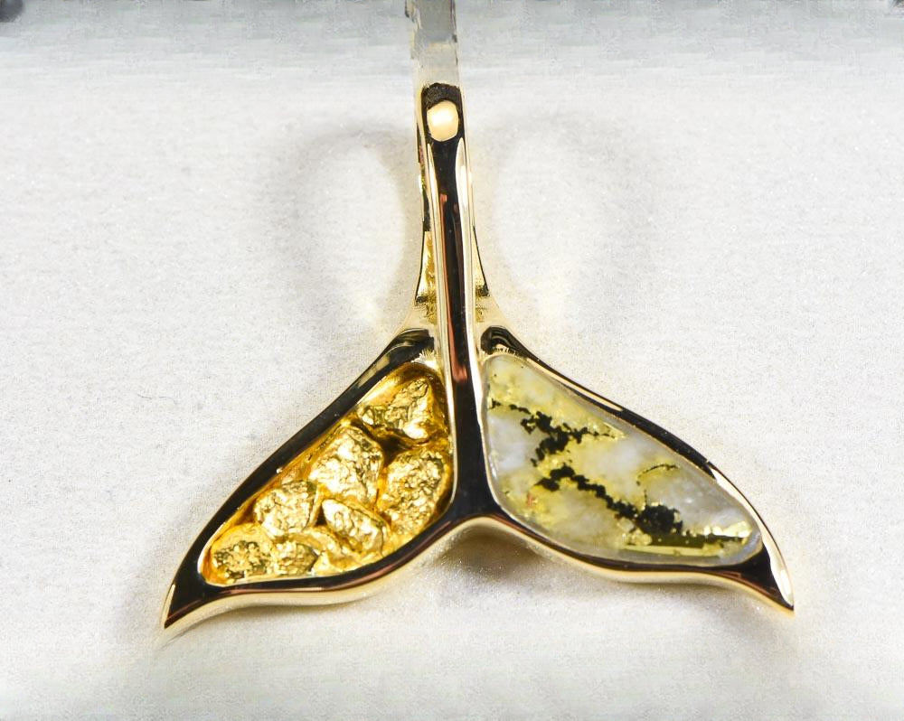Gold Quartz Pendant Whales Tail "Orocal" PWT41NQ Genuine Hand Crafted Jewelry - 14K Gold Yellow Gold Casting