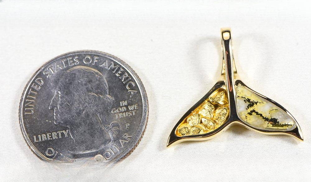Gold Quartz Pendant Whales Tail "Orocal" PWT41NQ Genuine Hand Crafted Jewelry - 14K Gold Yellow Gold Casting
