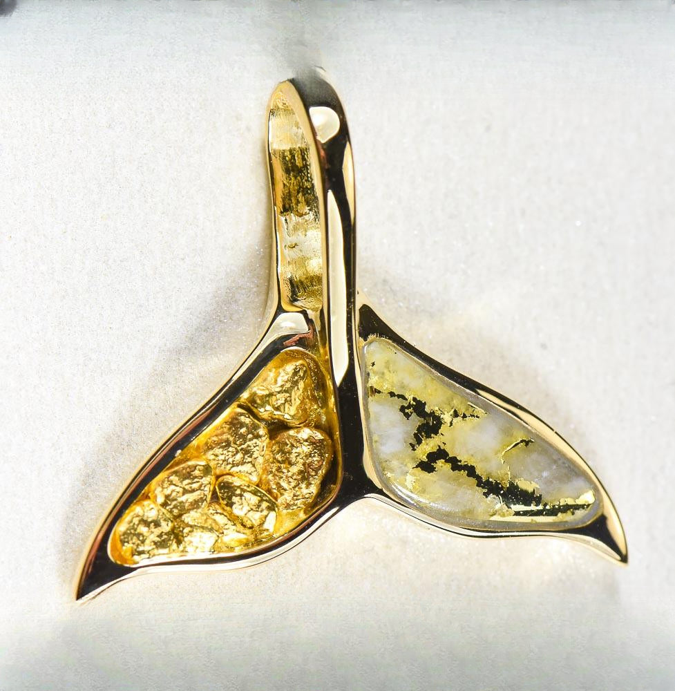Gold Quartz Pendant Whales Tail "Orocal" PWT41NQ Genuine Hand Crafted Jewelry - 14K Gold Yellow Gold Casting