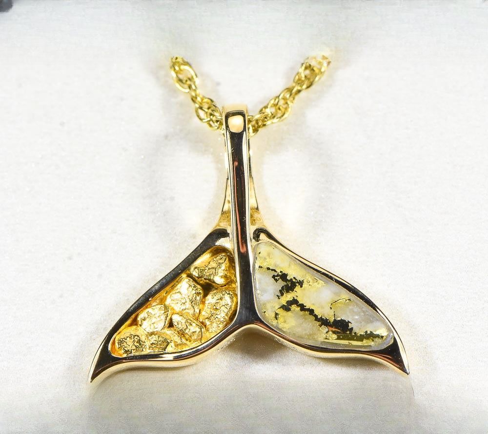 Gold Quartz Pendant Whales Tail "Orocal" PWT41NQ Genuine Hand Crafted Jewelry - 14K Gold Yellow Gold Casting
