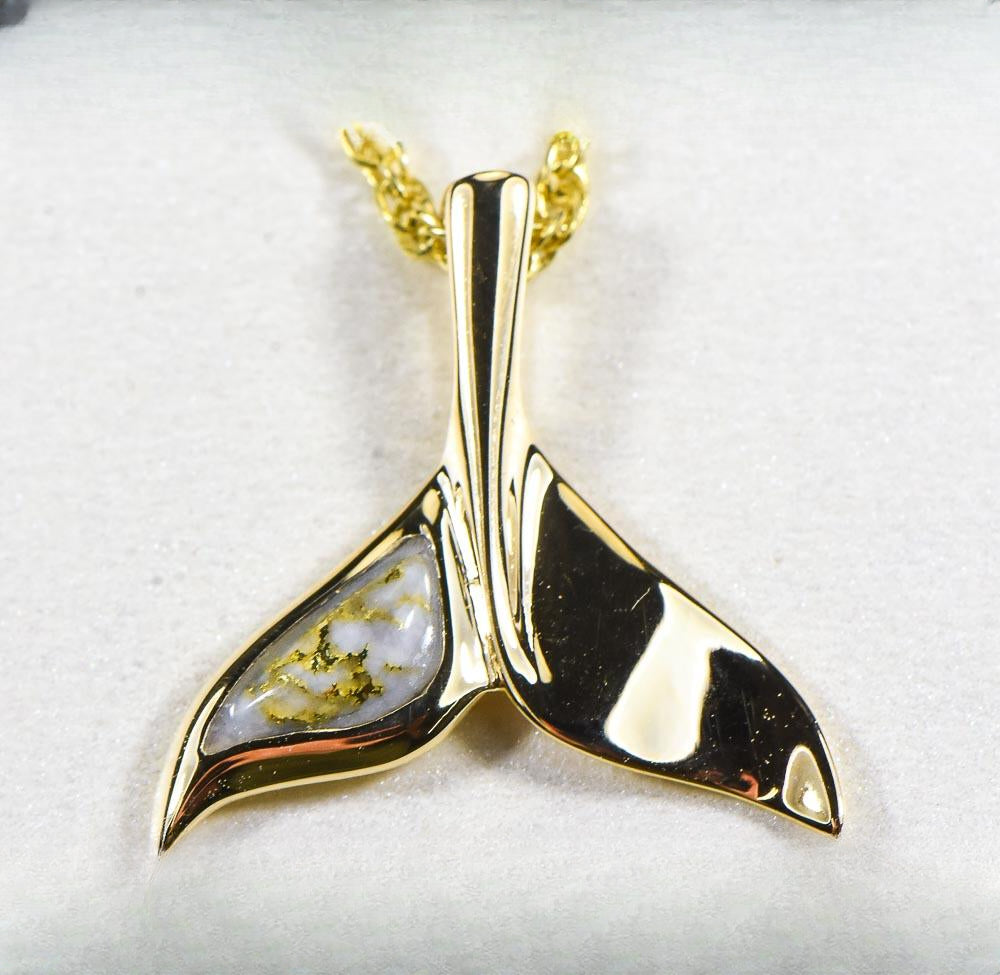 Gold Quartz Pendant Whales Tail "Orocal" PWT43LQ Genuine Hand Crafted Jewelry - 14K Gold Yellow Gold Casting