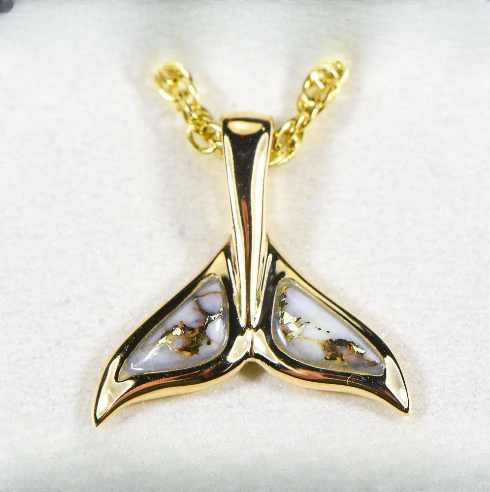 Gold Quartz Pendant Whales Tail "Orocal" PWT44SQ Genuine Hand Crafted Jewelry - 14K Gold Yellow Gold Casting