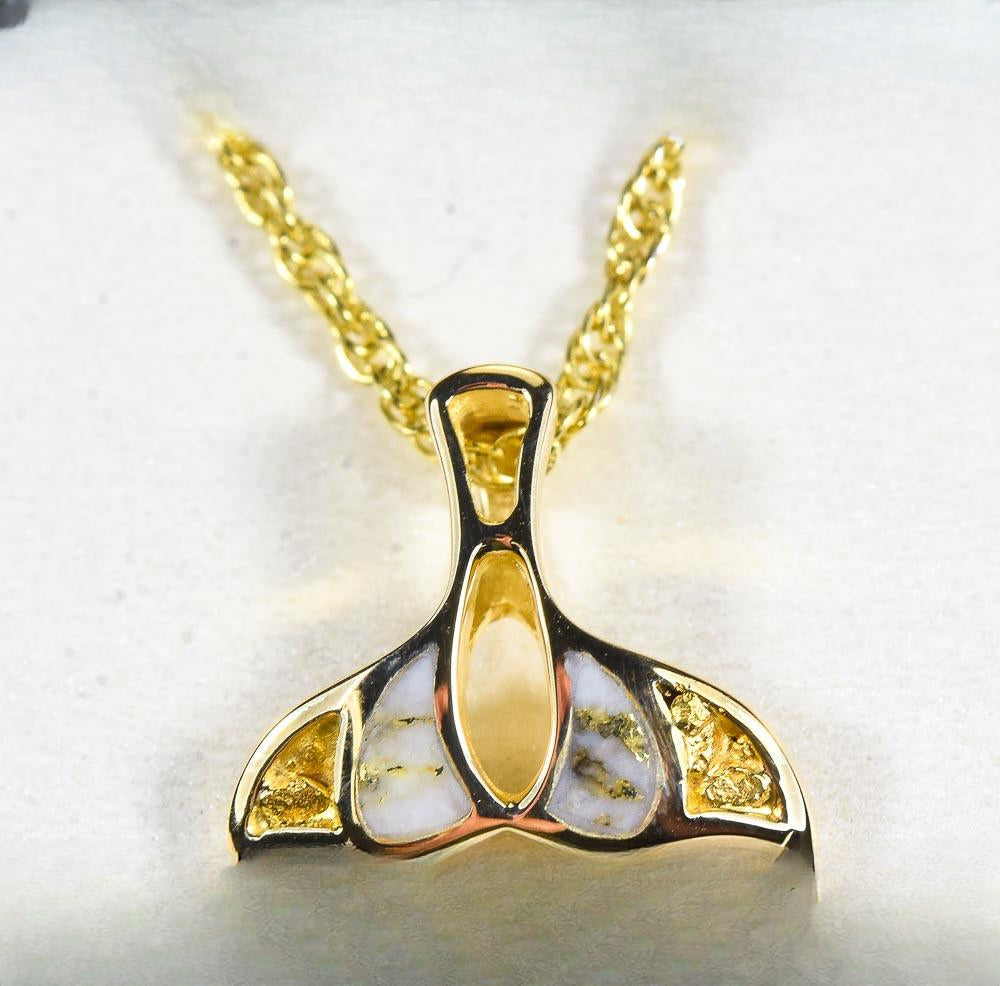 Gold Quartz Pendant Whales Tail "Orocal" PWT21NQ Genuine Hand Crafted Jewelry - 14K Gold Yellow Gold Casting