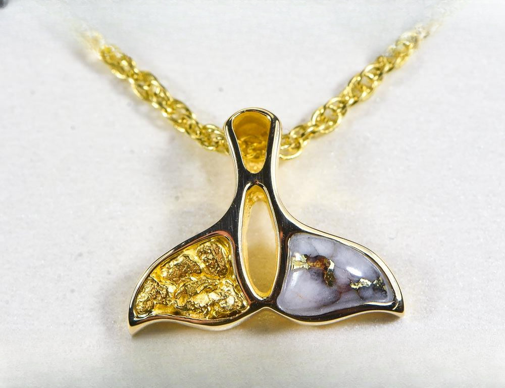 Gold Quartz Pendant Whales Tail "Orocal" PWT24NQ Genuine Hand Crafted Jewelry - 14K Gold Yellow Gold Casting