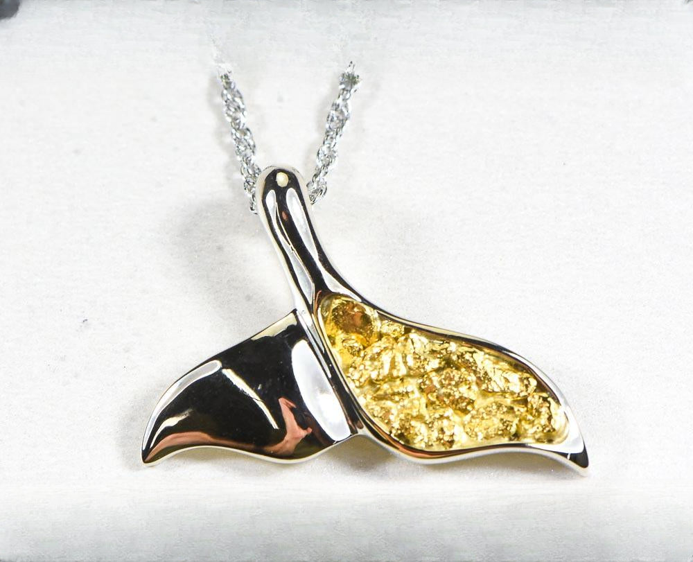 Gold Nugget Pendant Whales Tail "Orocal" PWT37NW Genuine Hand Crafted Jewelry - 14K Gold White Gold Casting