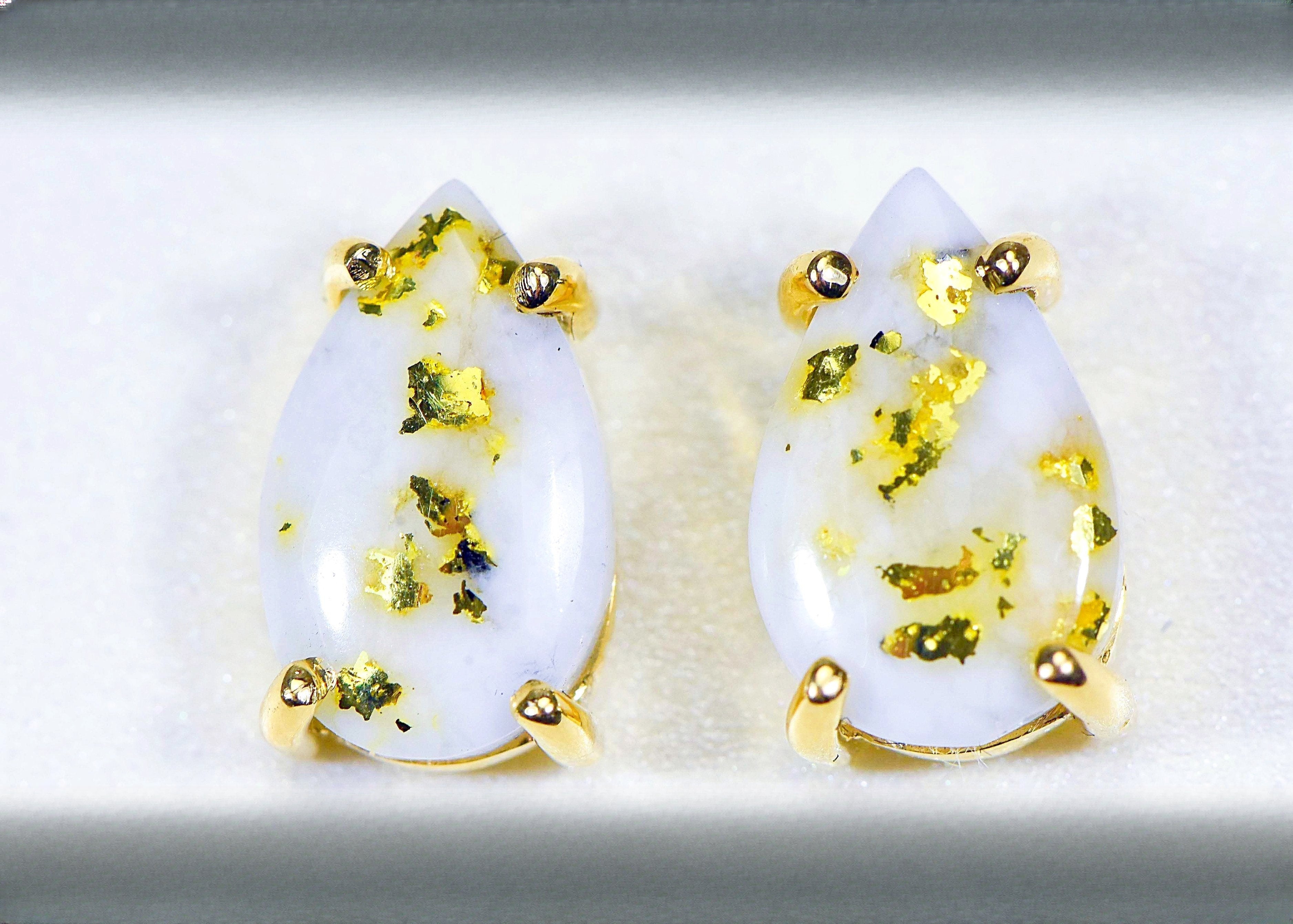 Gold Quartz Earrings "Orocal" E13*8Q Genuine Hand Crafted Jewelry - 14K Gold Casting