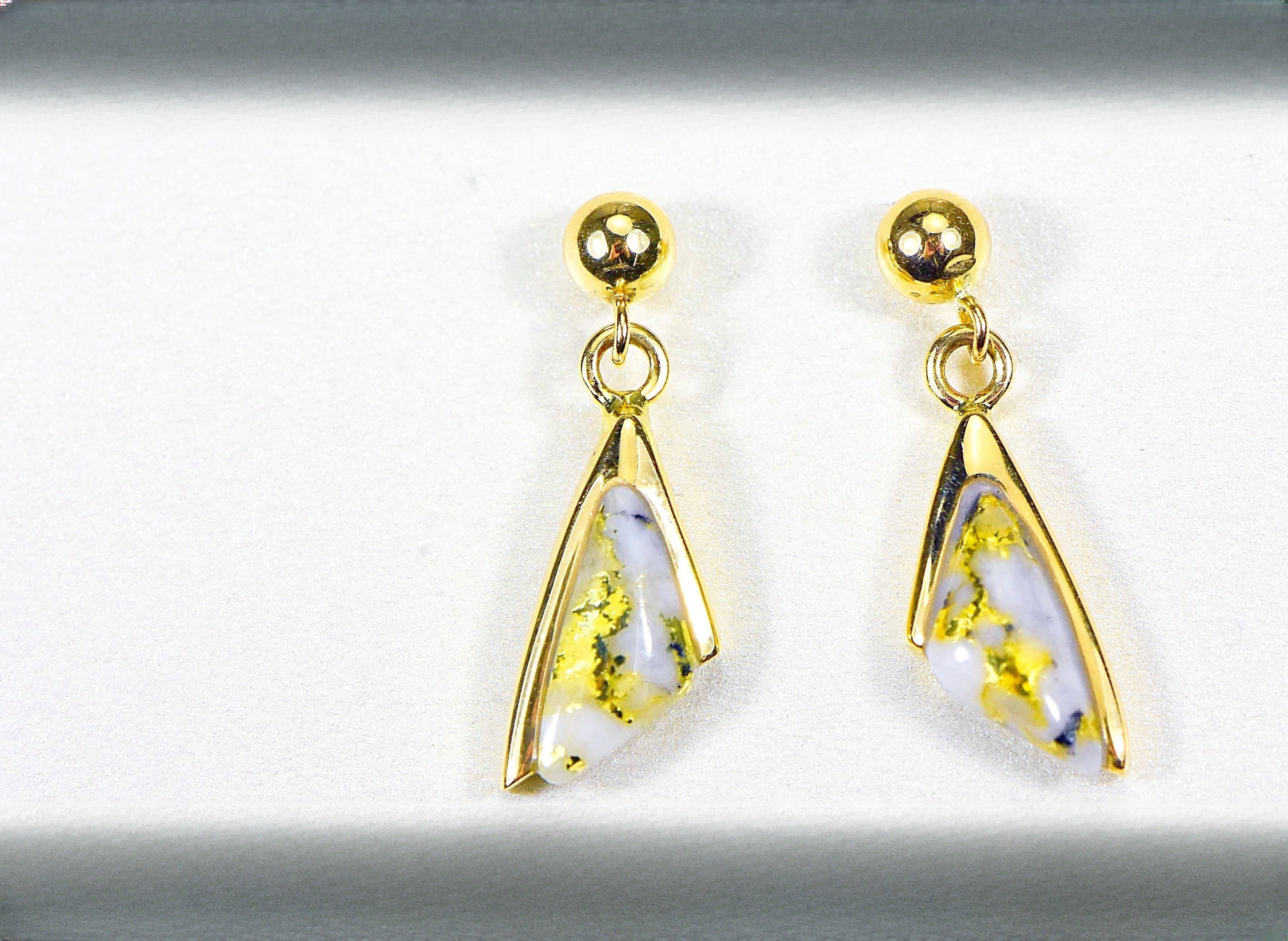Gold Quartz Earrings "Orocal" EDL25SQ/PD Genuine Hand Crafted Jewelry - 14K Gold Casting
