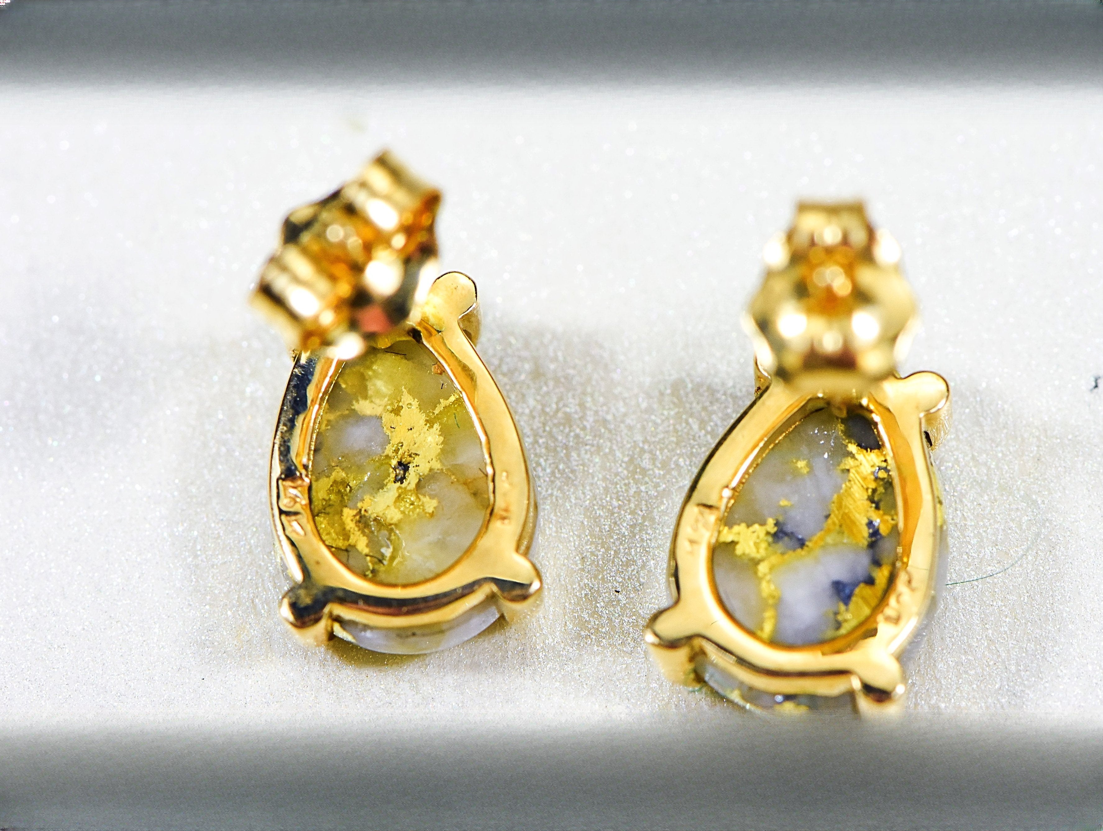 Gold Quartz Earrings "Orocal" E10*7Q Genuine Hand Crafted Jewelry - 14K Gold Casting