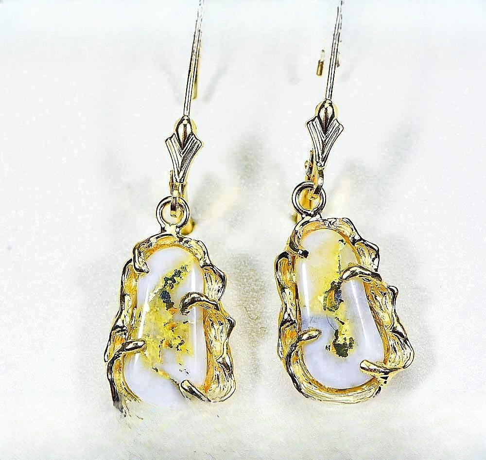 Gold Quartz Earrings "Orocal" EFFQ5/LB Genuine Hand Crafted Jewelry - 14K Gold Casting