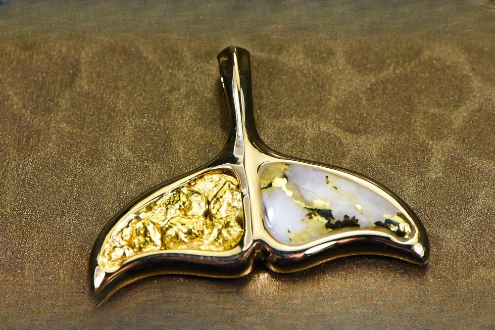 Gold Quartz Pendant Whales Tail "Orocal" PAJWT302NQ Genuine Hand Crafted Jewelry - 14K Gold Casting