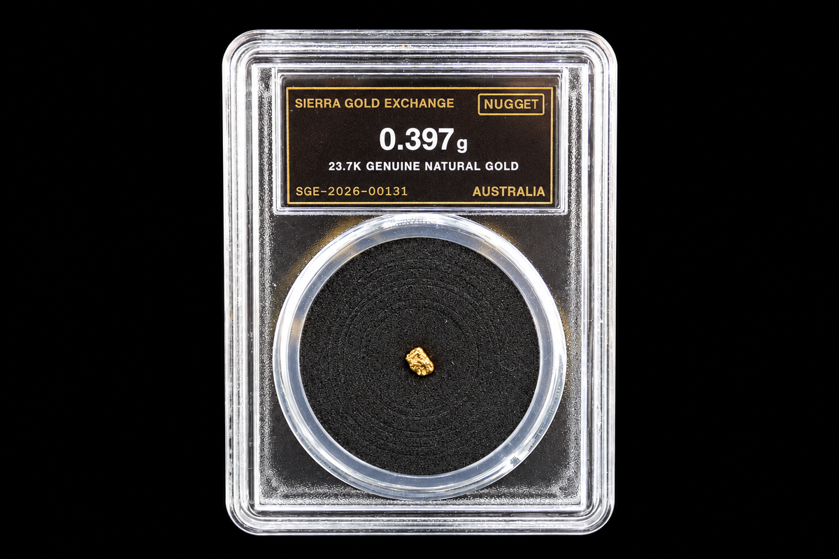 Australian natural gold nugget in slab SGE-2026-00131, 0.397g, 23.7K