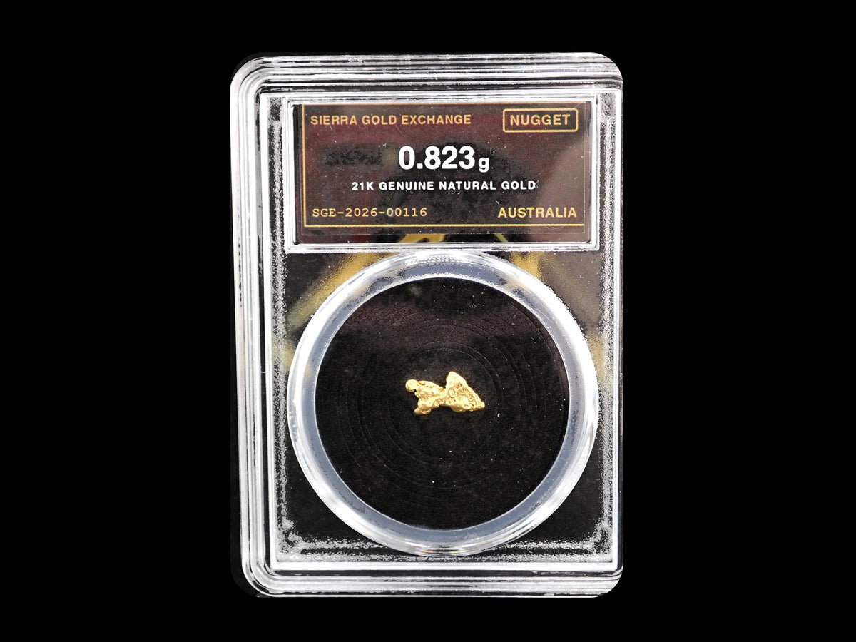 "Goldfish Nugget" Australian Gold Nugget 0.823 Gram – Natural 21K – Certified Sealed Slab | SGE-2026-00116