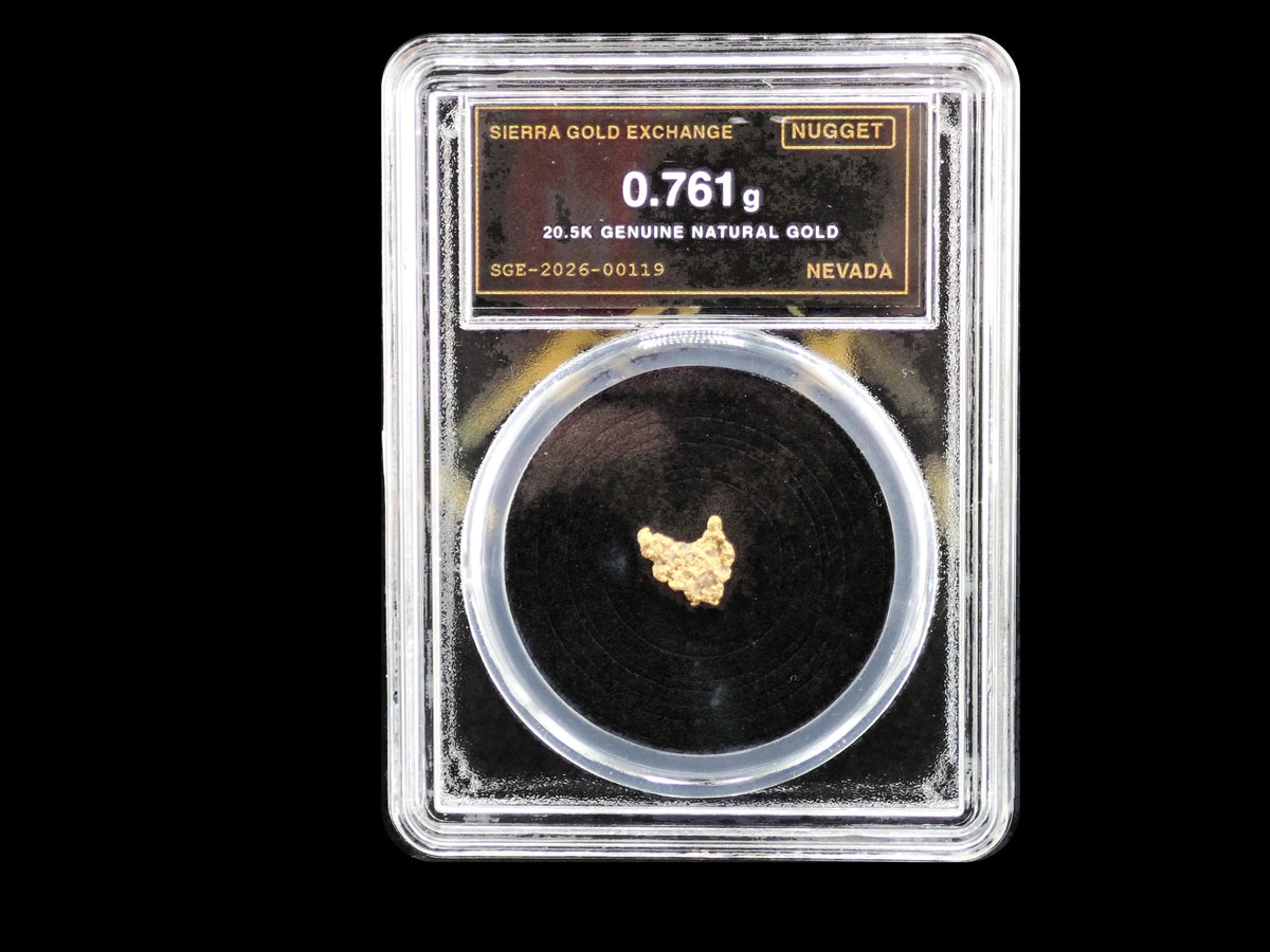 Nevada Gold Nugget 0.761 Gram – Natural 20.5K – Certified Sealed Slab | SGE-2026-00119