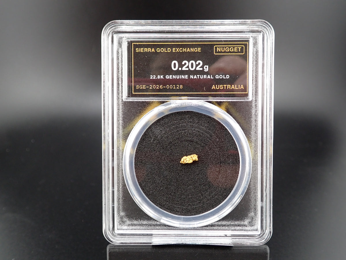 Australian Natural Gold Nugget in Sealed Slab – 0.202g, 22.8K – SGE-2026-00128